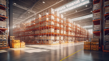 Product distribution center, Retail warehouse full of shelves with goods in cartons, with pallets and forklifts. Logistics and transportation concept. Generative Ai