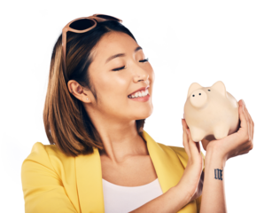 Finance, investing or Asian woman with piggy bank for financial wealth growth or savings increase. Smile, income or happy girl holding budget tin for safety isolated on transparent PNG background