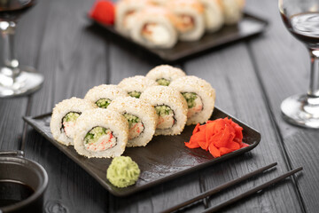 Japanese food. Roll with vegetables, sesame seeds and cream cheese. Maki sushi rolls.