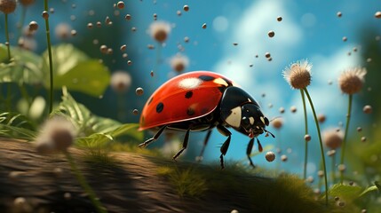  a lady bug sitting on top of a lush green field.  generative ai