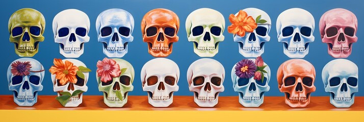 Fototapeta premium Skull illustration background wallpaper design, day of the dead, Día de Muertos