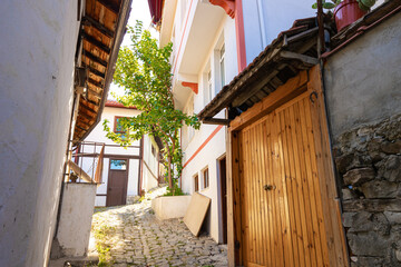 Fototapeta na wymiar A street of Goynuk district of Bolu. Vernacular architecture samples in Anatolia