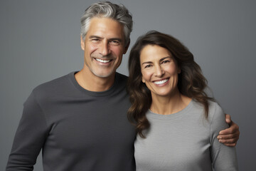 midshot of a happy smiling couple in the 50s, grey background, grey clothes - obrazy, fototapety, plakaty