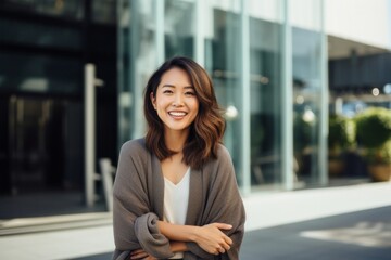 portrait of a confident Filipino woman in her 30s wearing a chic cardigan against a modern architectural background