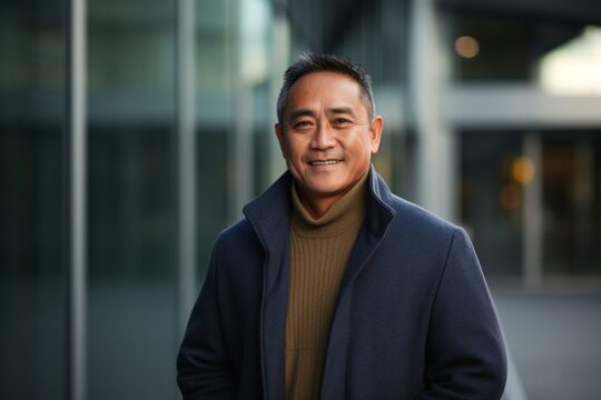 portrait of a confident Filipino man in his 50s wearing a chic cardigan against a modern architectural background
