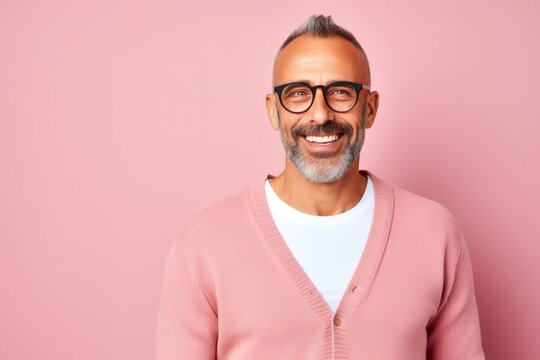 portrait of a confident Israeli man in his 40s wearing a chic cardigan against a pastel or soft colors background
