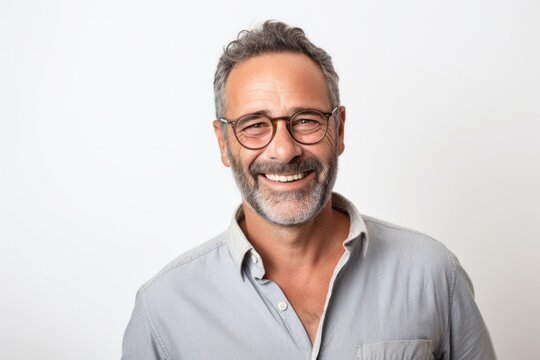 portrait of a confident Israeli man in his 50s wearing a chic cardigan against a white background