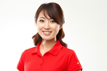 Fototapeta premium portrait of a confident Japanese woman in her 30s wearing a sporty polo shirt against a white background