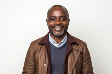 Fototapeta premium portrait of a confident Kenyan man in his 40s wearing a chic cardigan against a white background