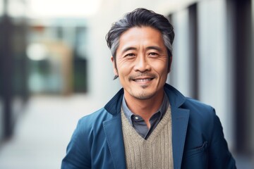 Obraz premium Portrait of a happy Japanese man in his 40s wearing a chic cardigan against an abstract background