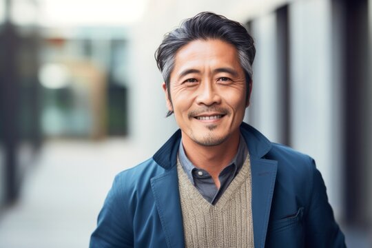 Portrait of a happy Japanese man in his 40s wearing a chic cardigan against an abstract background