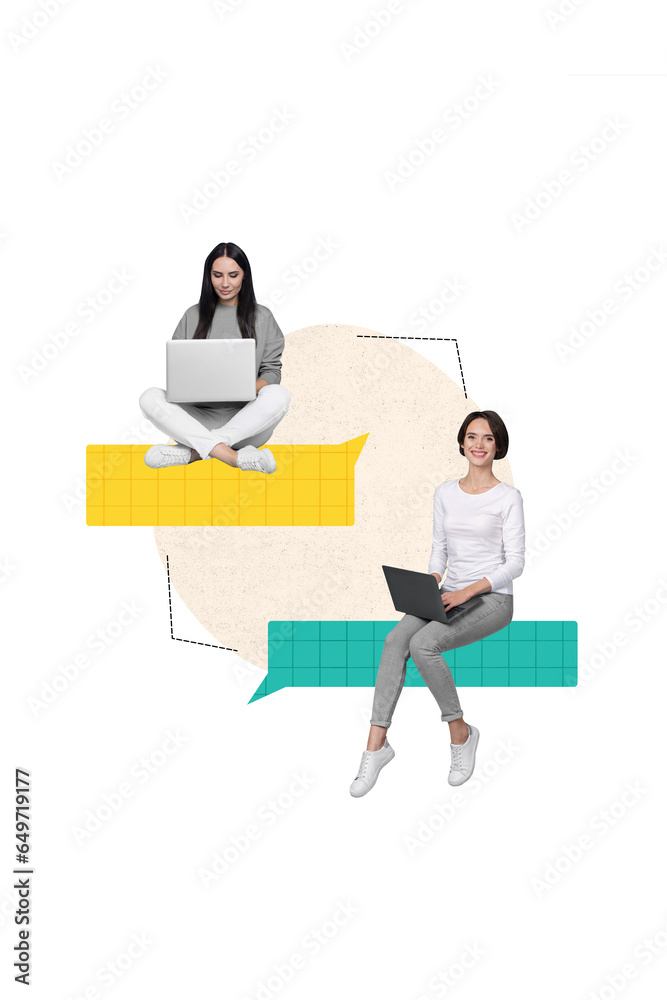 Aufkleber vertical creative composite photo collage of women sit on dialog clouds communicating on laptops iso