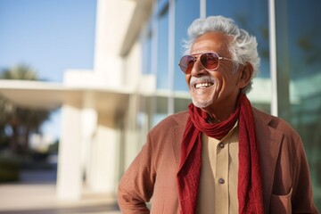 portrait of a confident Mexican man in his 80s wearing a chic cardigan against a modern architectural background