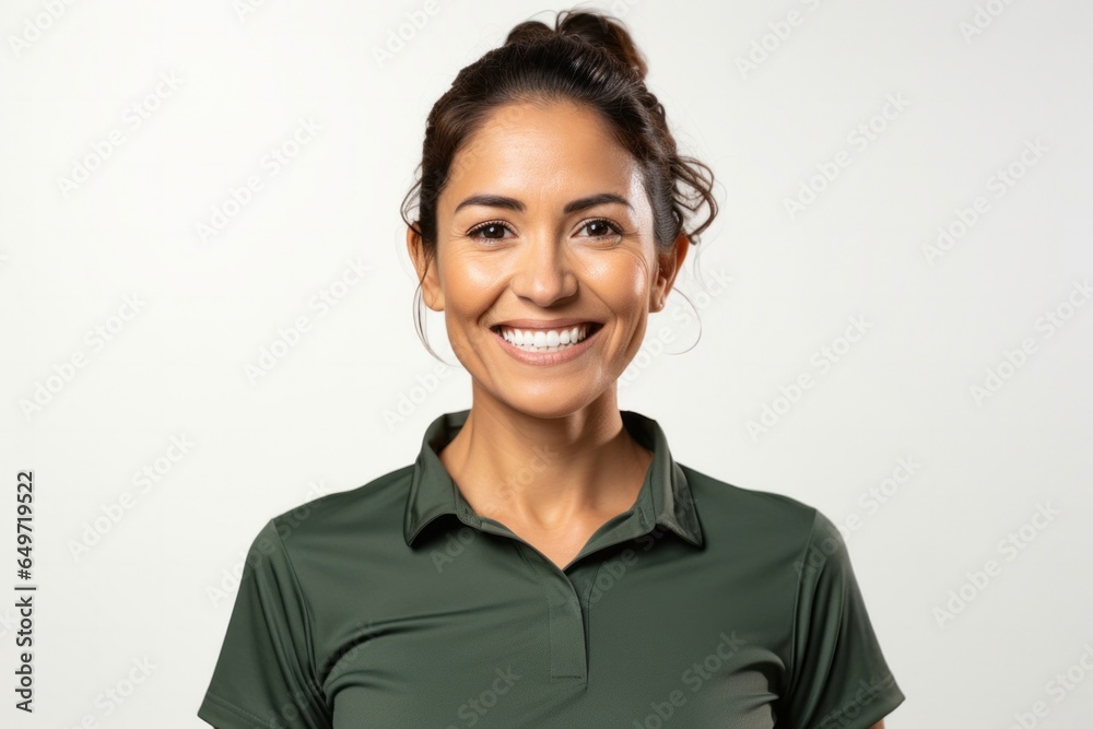 Wall mural portrait of a confident Mexican woman in her 30s wearing a sporty polo shirt against a white background