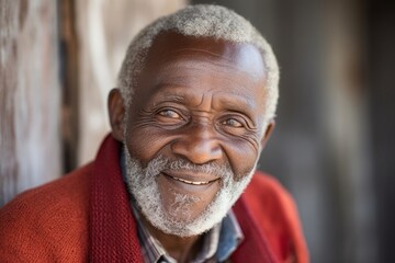 Portrait of a 100-year-old elderly Kenyan man wearing a chic cardigan against an abstract background