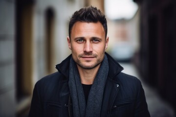 Obraz premium portrait of a confident Polish man in his 30s wearing a chic cardigan against an abstract background