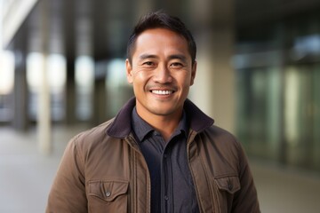 Portrait of a Filipino man in his 40s wearing a chic cardigan against a modern architectural background