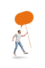 Banner collage poster of happy man go store shop announces black friday shopping sale empty space isolated on white color background