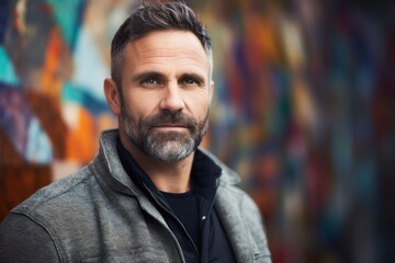 Fototapeta premium portrait of a confident Polish man in his 40s wearing a chic cardigan against an abstract background