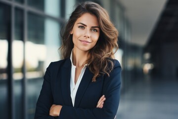 portrait of a confident Polish woman in her 30s wearing a sleek suit against a modern architectural background