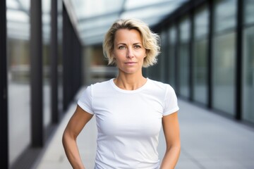 portrait of a confident Polish woman in her 40s wearing a casual t-shirt against a modern architectural background