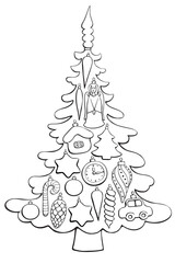 Vector contour Christmas tree decorated with xmas balls, glass toys, decorations. Template for children creativity, application, coloring book. New year, Xmas illustration. Outline, doodle, hand drawn