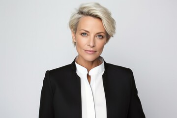 portrait of a confident Polish woman in her 50s wearing a sleek suit against a white background