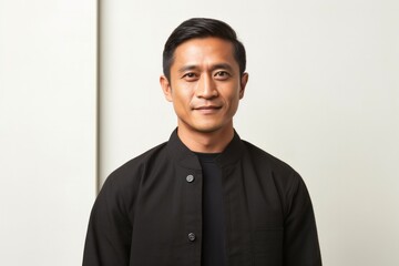 portrait of a serious, Filipino man in his 40s wearing a chic cardigan against a white background