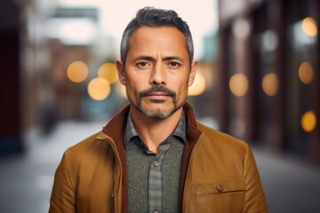 Fototapeta premium portrait of a serious, Mexican man in his 40s wearing a chic cardigan against an abstract background