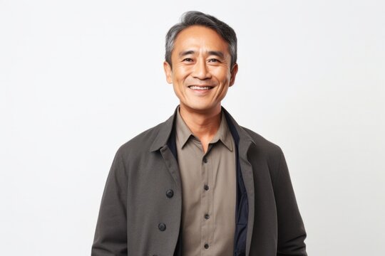portrait of a Filipino man in his 50s wearing a chic cardigan against a white background