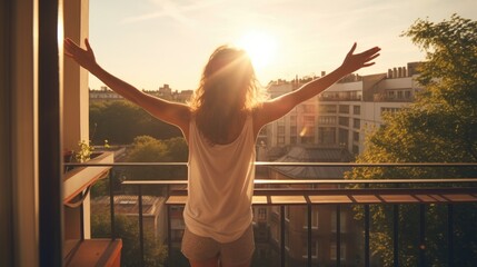 A photo of a youthful woman extending her arms on a sun-drenched balcony, basking in the warm sunlight. - obrazy, fototapety, plakaty