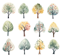 Set of watercolor different trees in nordic style isolated on white background.