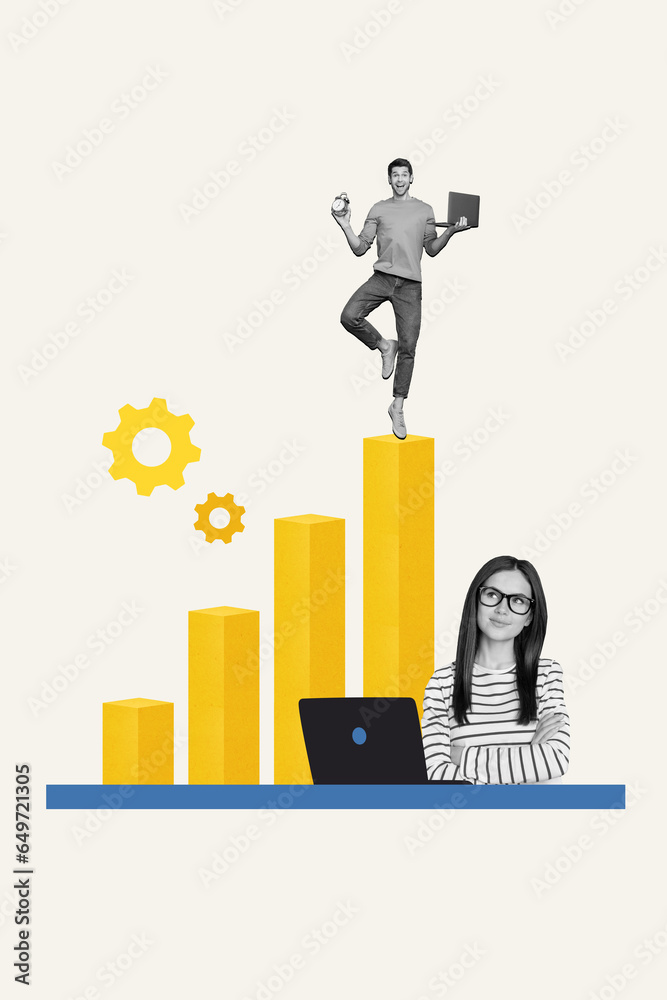 Poster picture collage image of cheerful successful people remote workers use wireless netbook promoting ca