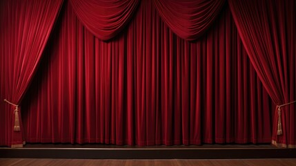 Closed crumpled red curtain over empty theater stage.