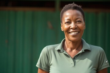 Portrait of a Kenyan woman in her 50s wearing a sporty polo shirt against an abstract background