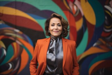 Portrait of a Mexican woman in her 50s wearing a sleek suit against an abstract background