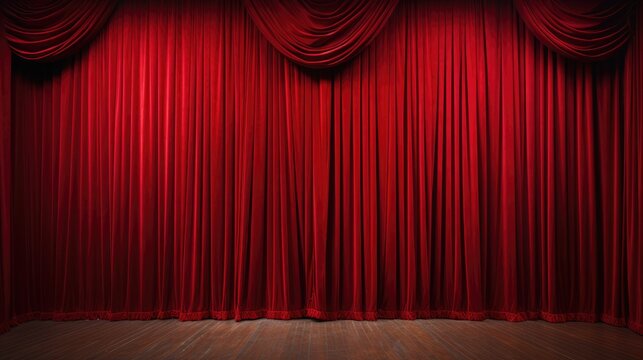 Closed crumpled red curtain over empty theater stage.