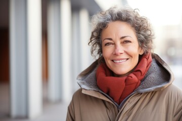 Portrait of a confident Israeli woman in her 50s wearing a warm parka against a modern architectural background - obrazy, fototapety, plakaty
