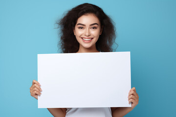 Naklejka premium Beautiful woman holding a blank billboard on blue background