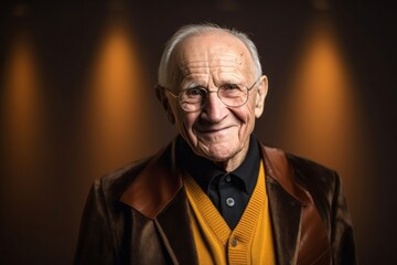 medium shot portrait of a confident Polish man in his 90s wearing a chic cardigan against an abstract background