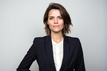 Portrait of a confident Polish woman in her 30s wearing a sleek suit against a white background