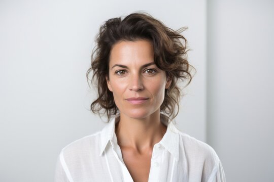 medium shot portrait of a serious, Israeli woman in her 40s wearing a chic cardigan against a white background