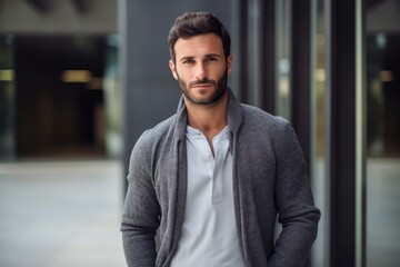 Fototapeta premium Portrait of a serious, Israeli man in his 30s wearing a chic cardigan against a modern architectural background