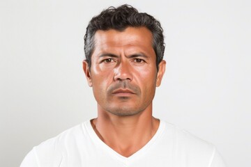 medium shot portrait of a serious, Mexican man in his 40s wearing a simple tunic against a white background