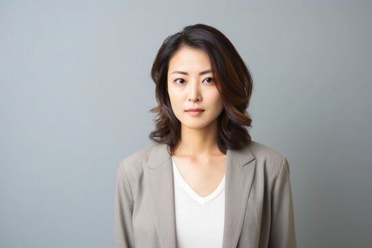 medium shot portrait of a serious, Japanese woman in her 40s wearing a chic cardigan against a minimalist or empty room background