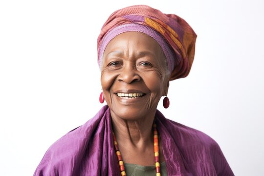 Portrait of a serious, Kenyan woman in her 90s wearing a chic cardigan against a white background