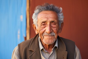 medium shot portrait of a 100-year-old elderly Mexican man wearing a chic cardigan against an abstract background