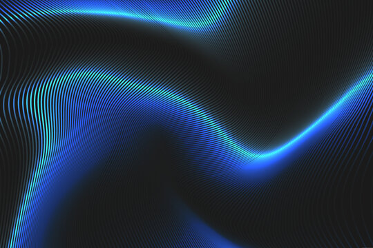 3D deja vu Blue neon swirl wave lines pattern flowing dynamic gradient light on black background. Luxury  concept of technology, digital, communication, science, music 90s style. Vector illustration.