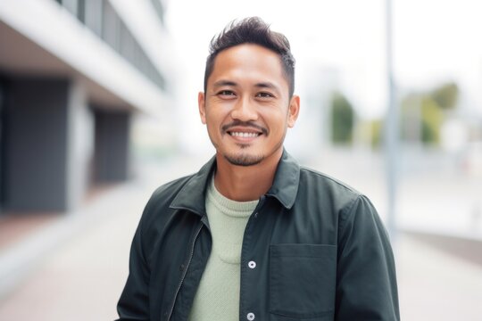 medium shot portrait of a Filipino man in his 30s wearing a chic cardigan against a white background
