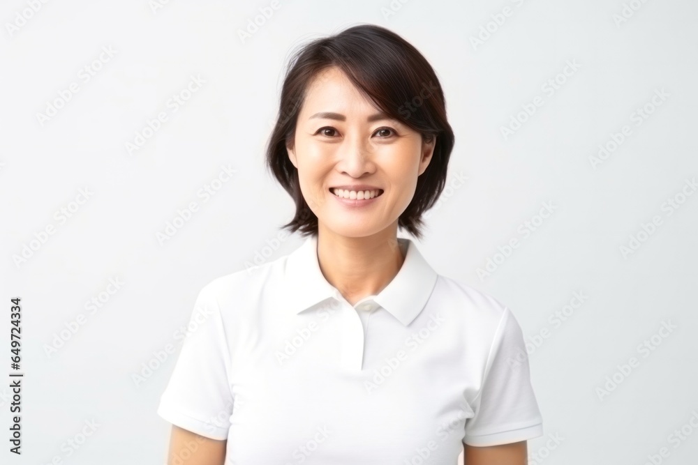 Poster medium shot portrait of a happy Japanese woman in her 40s wearing a sporty polo shirt against a minimalist or empty room background